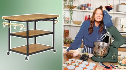 Kitchen cart on green background on left, Drew Barrymore in kitchen on right