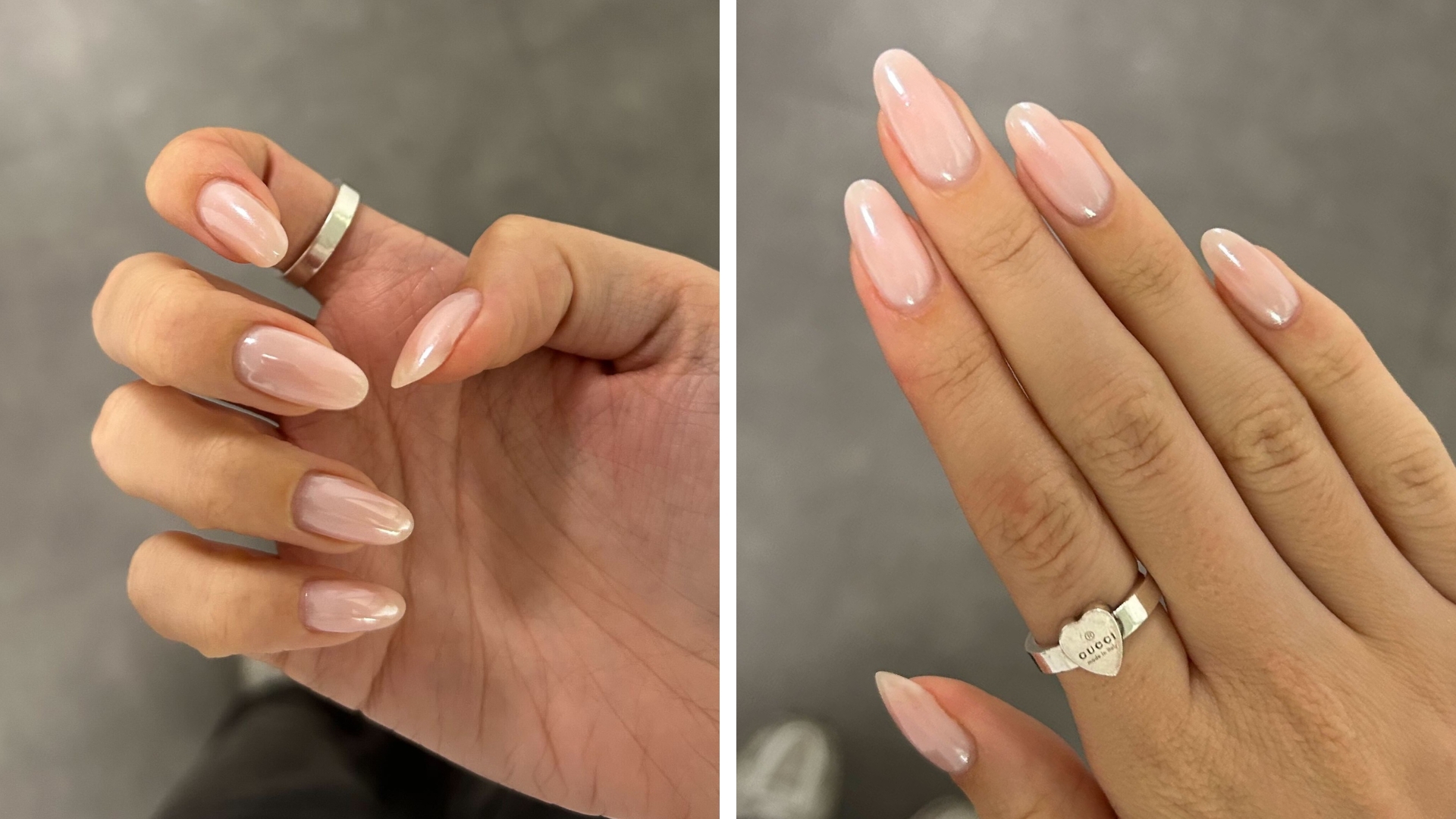 Two close-up pictures of Digital Beauty Writer, Sennen Prickett's hands which feature pink pearl, almond-shaped nails.
