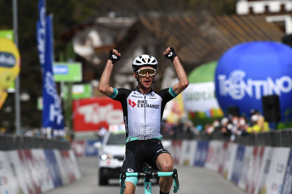 FEICHTEN IM KAUNERTAL AUSTRIA APRIL 20 Simon Yates of United Kingdom and Team BikeExchange celebrates at arrival during the 44th Tour of the Alps 2021 Stage 2 a 1215km stage from Innsbruck to Feichten im Kaunertal 1291m TourofTheAlps TouroftheAlps on April 20 2021 in Feichten im Kaunertal Austria Photo by Tim de WaeleGetty Images