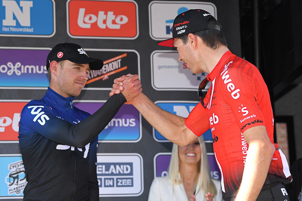 Christopher Lawless and Max Walscheid on the Scheldeprijs podium