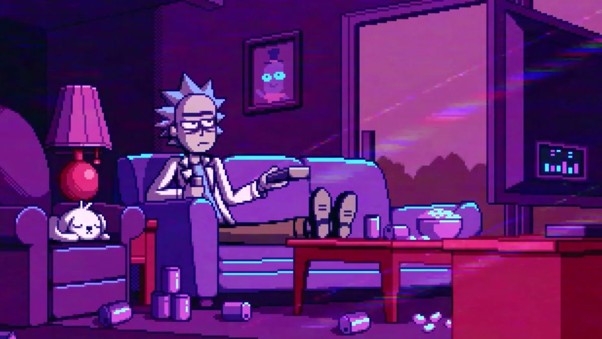 A still from the animated series Ambient Swim featuring Rick Sanchez watching TV.