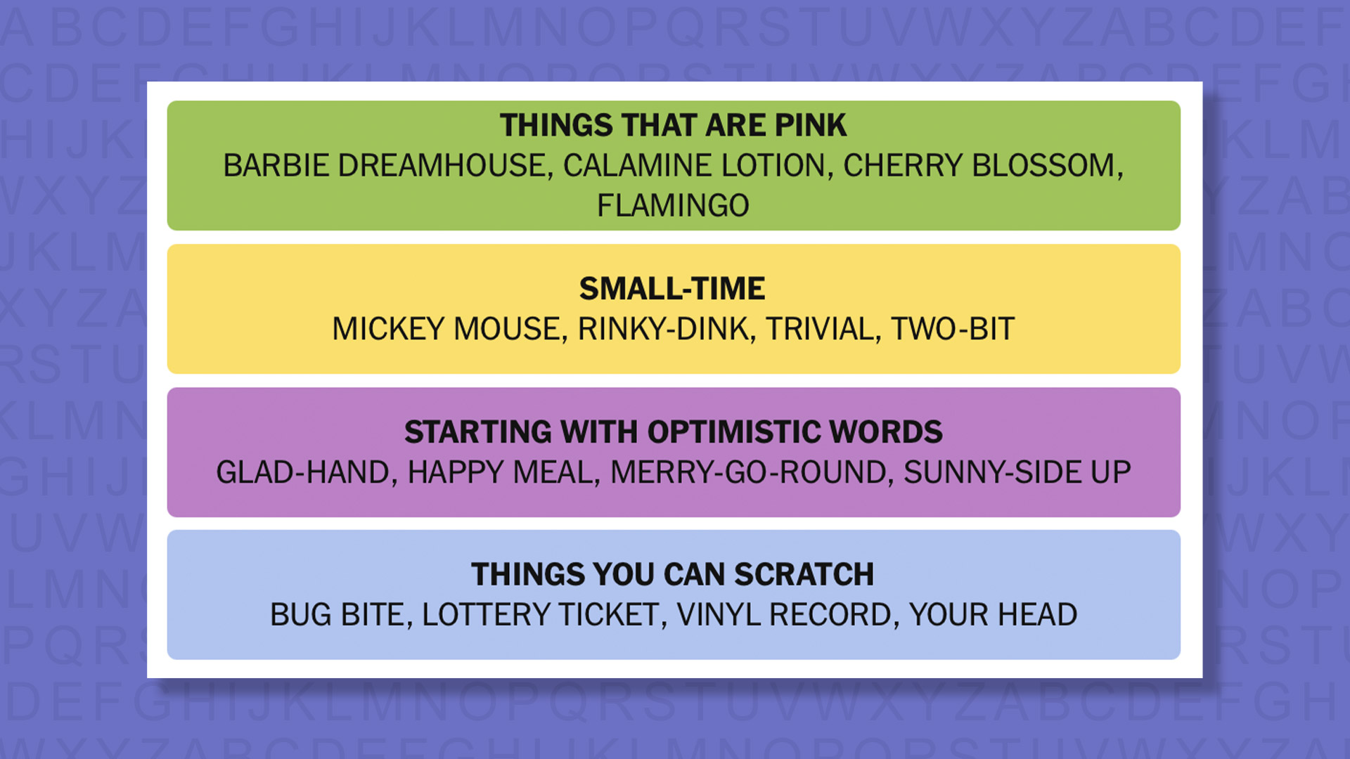 NYT Connections answers for game 898 on a purple background