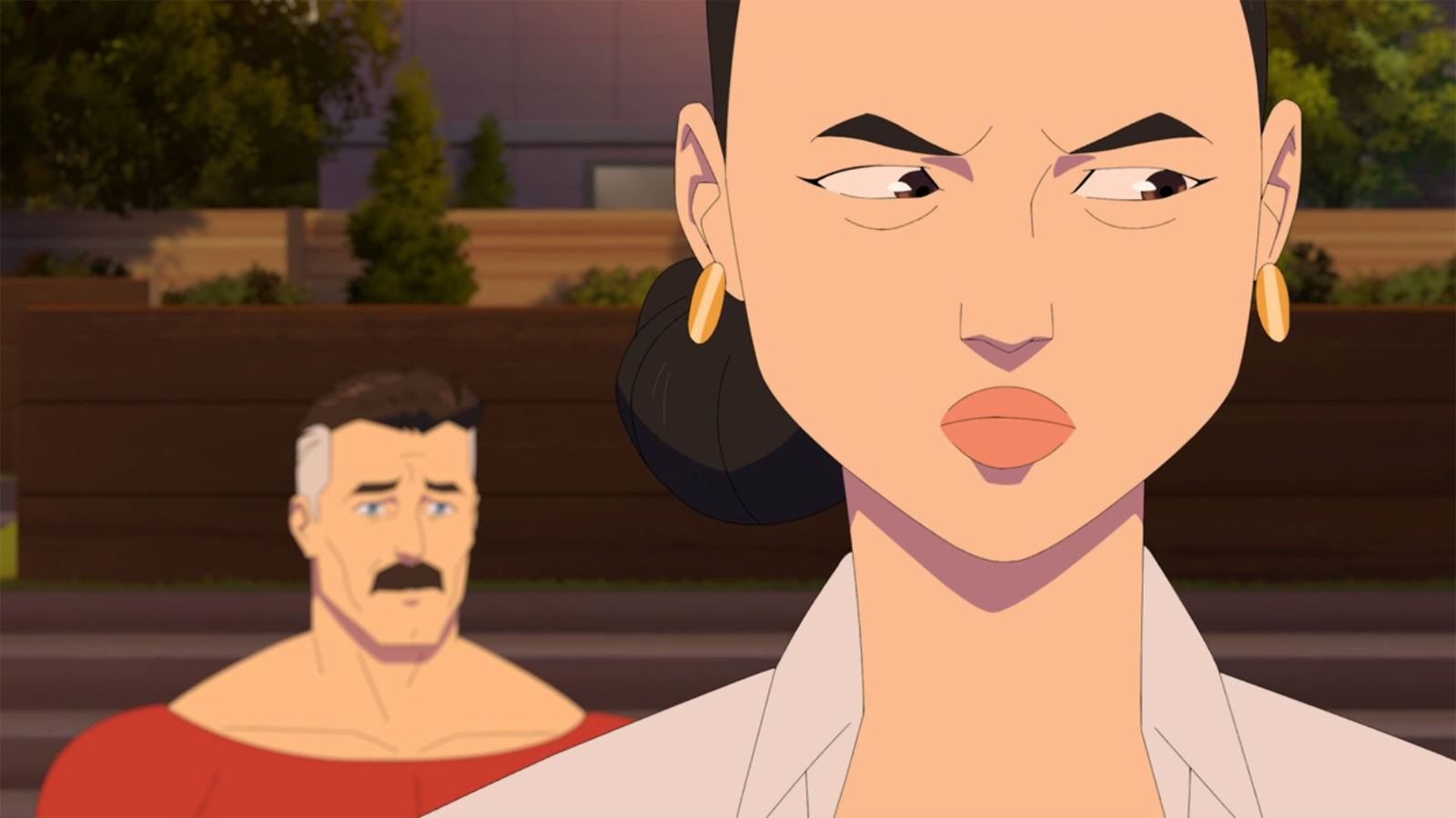 Debbie looking pensive as Nolan looks sad behind her in Invincible season 4 episode 8