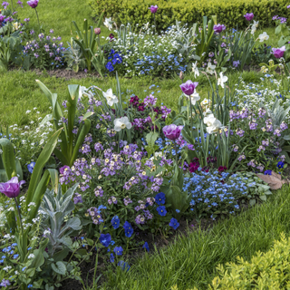 Flowerbed of myosotis, tulips, wallflowers, pansies and narcissus