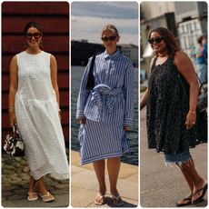 woman wearing white dress and thong sandals; woman wearing striped dress and thong sandals; woman wearing black dress and thong sandals 