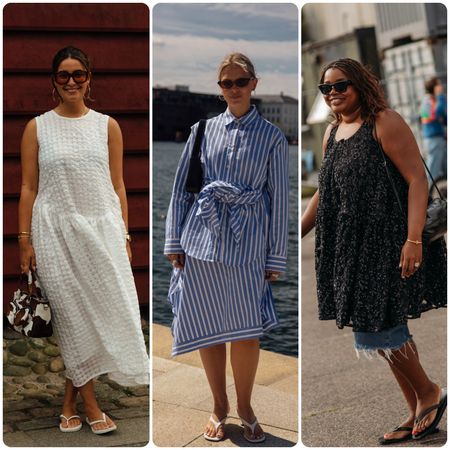 woman wearing white dress and thong sandals; woman wearing striped dress and thong sandals; woman wearing black dress and thong sandals 
