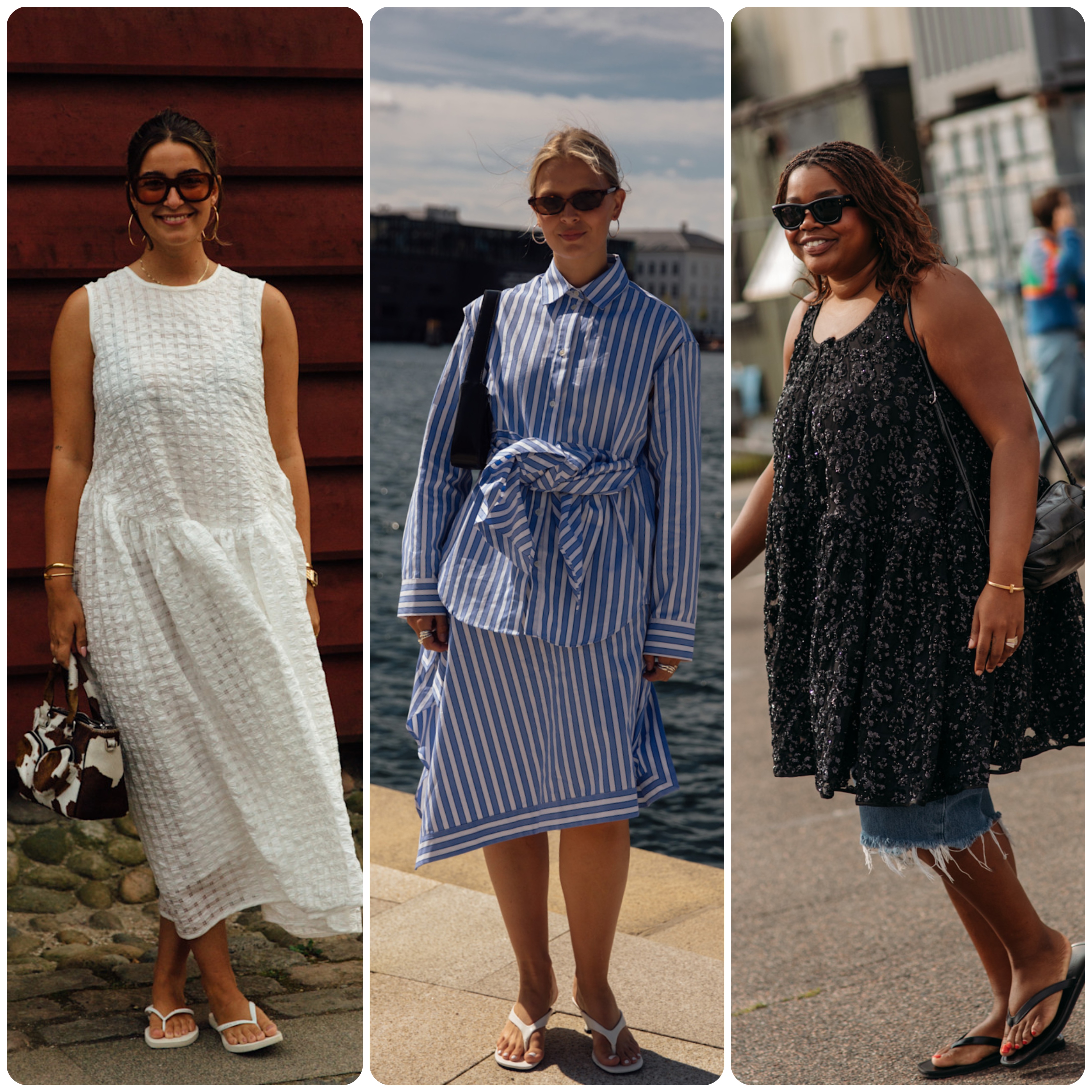 woman wearing white dress and thong sandals; woman wearing striped dress and thong sandals; woman wearing black dress and thong sandals 