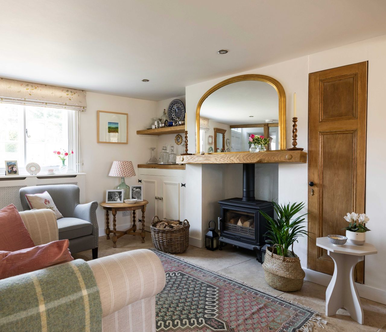 cottage style shabby chic living room with woodburning stove