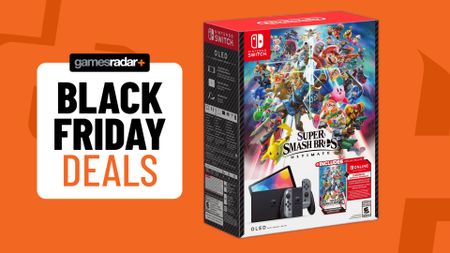 Super Smash Bros. Nintendo Switch OLED bundle on an orange background with Black Friday deals badge