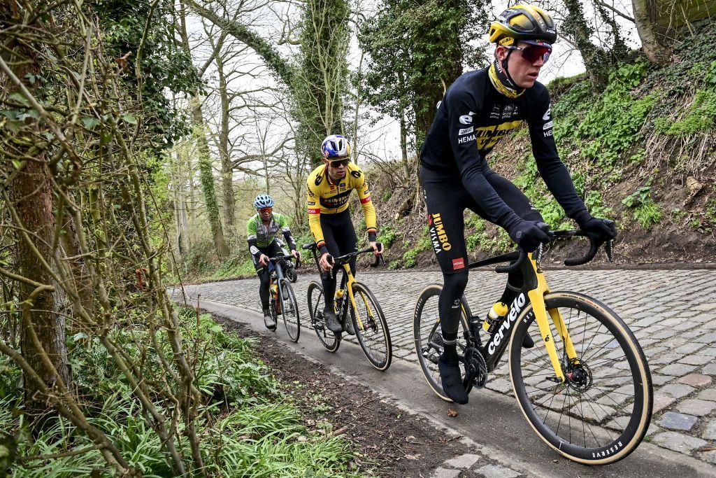 Belgian Wout van Aert of Team JumboVisma and Belgian Nathan Van Hooydonck of JumboVisma pictured in action during preparations of several teams on the track ahead of the Ronde van Vlaanderen Tour des Flandres Tour of Flanders cycling race Thursday 30 March 2023 The 107th edition of the cycling race will take place on Sunday 02 April BELGA PHOTO DIRK WAEM Photo by DIRK WAEM BELGA MAG Belga via AFP Photo by DIRK WAEMBELGA MAGAFP via Getty Images