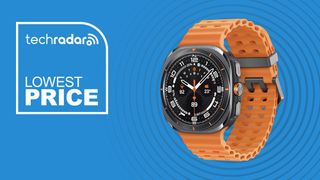 Samsung galaxy watch ultra on a blue background with the text "lowest price"