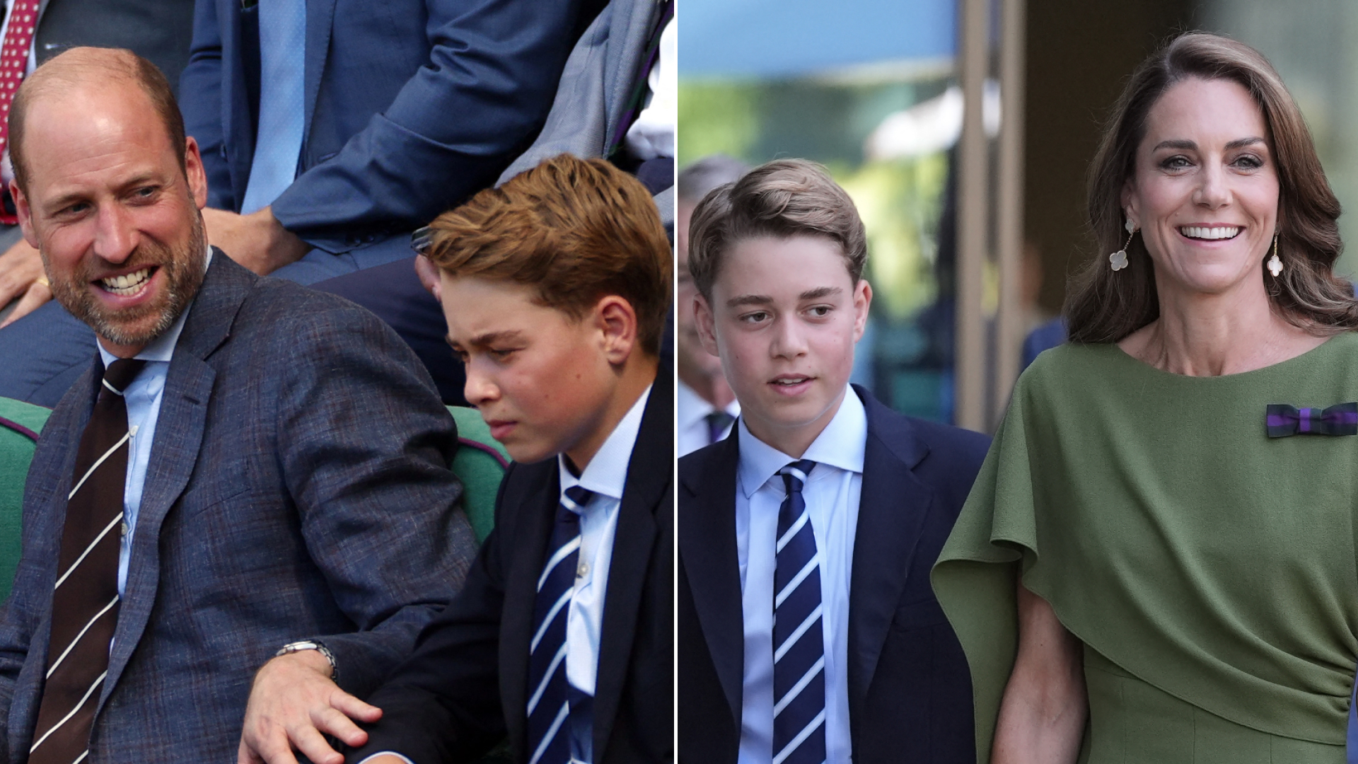 Prince George wears a navy suit with a light blue shirt and striped tie and has light brown hair, while his mom Princess Kate wears an olive green dress