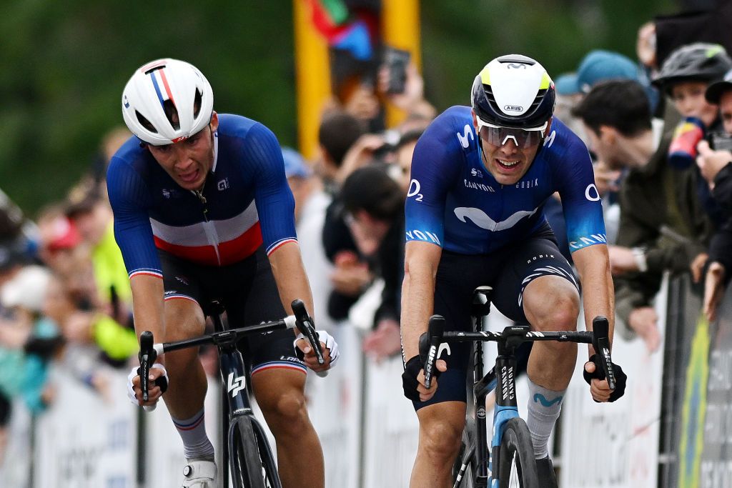 MONTREAL QUEBEC SEPTEMBER 10 Alex Aranburu Deba of Spain and Movistar Team L crosses the finish line as third place winner ahead of Valentin Madouas of France and Team GroupamaFDJ during to the 12th Grand Prix Cycliste de Montreal 2023 a 2214km one day race from Montreal to Montreal UCIWT on September 10 2023 in Montreal Quebec Photo by Dario BelingheriGetty Images