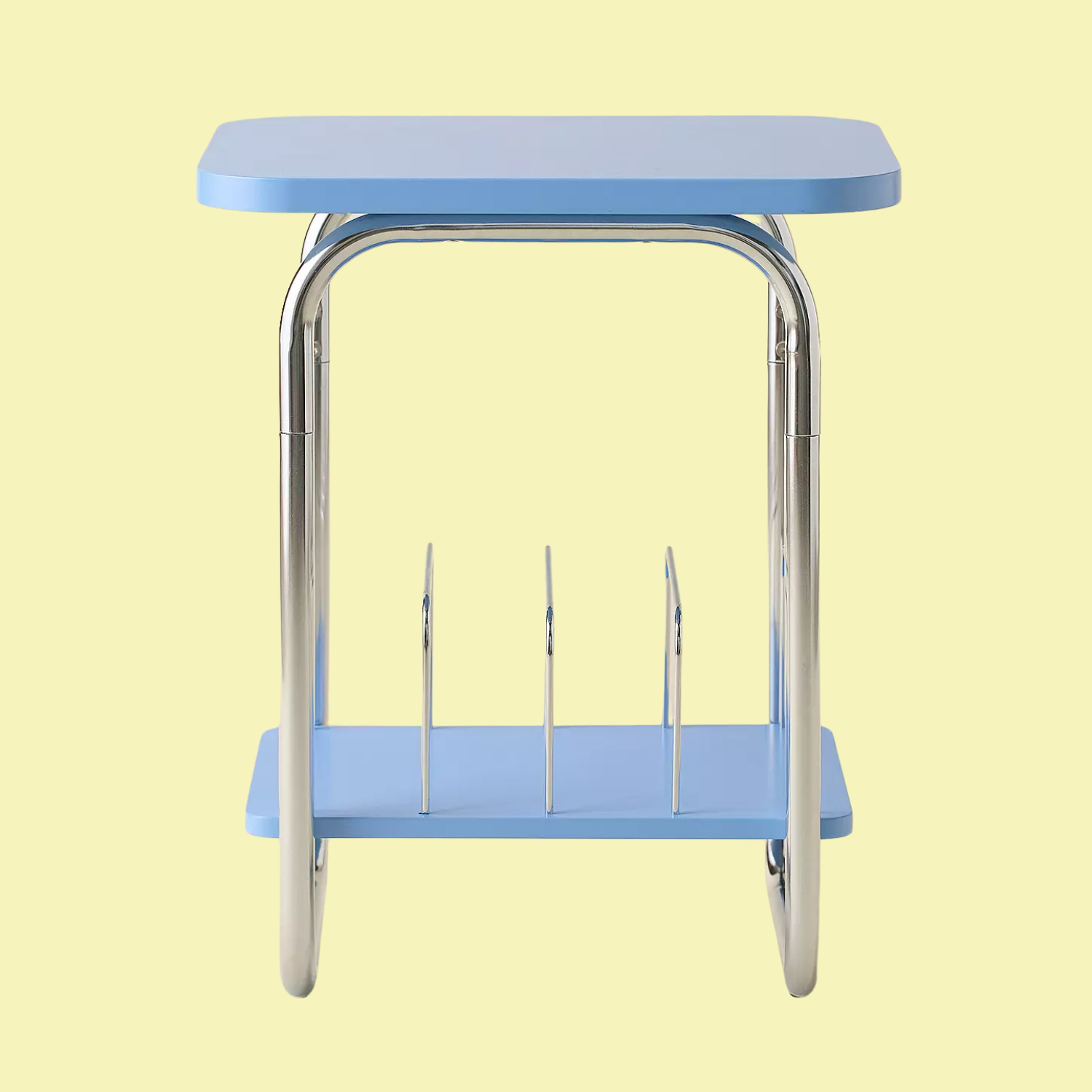 A blue and silver vinyl storage table