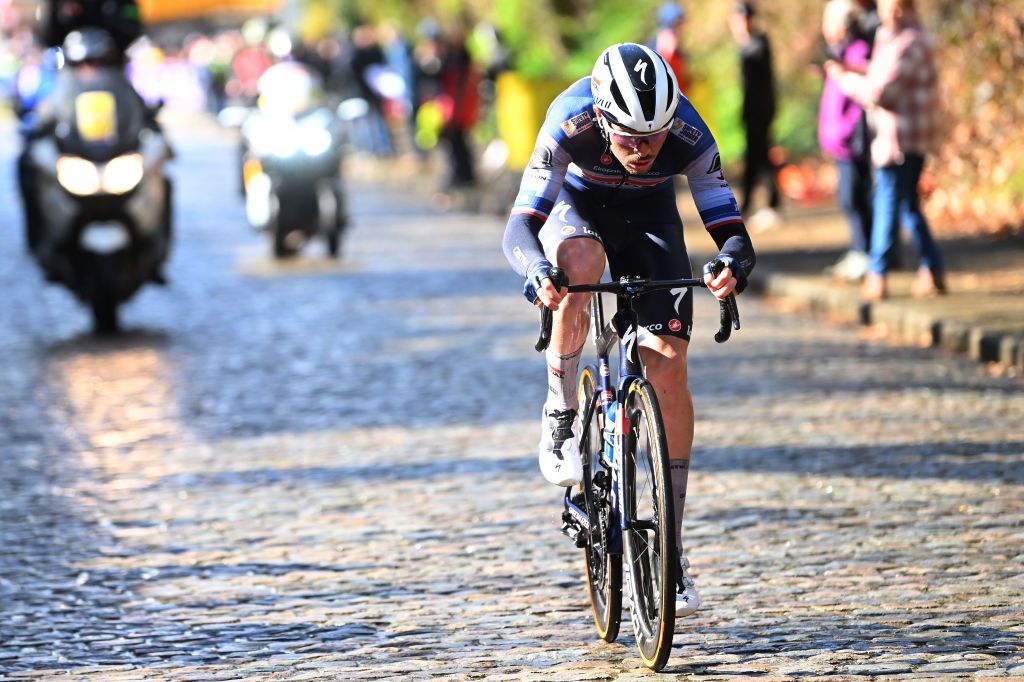OVERIJSE BELGIUM APRIL 12 Rmi Cavagna of France and Team Soudal Quick Step competes in the breakaway during the 63rd De Brabantse Pijl La Fleche Brabanconne 2023 Mens Elite a 2051km one day race from Leuven to Overijse on April 12 2023 in Overijse Belgium Photo by Luc ClaessenGetty Images