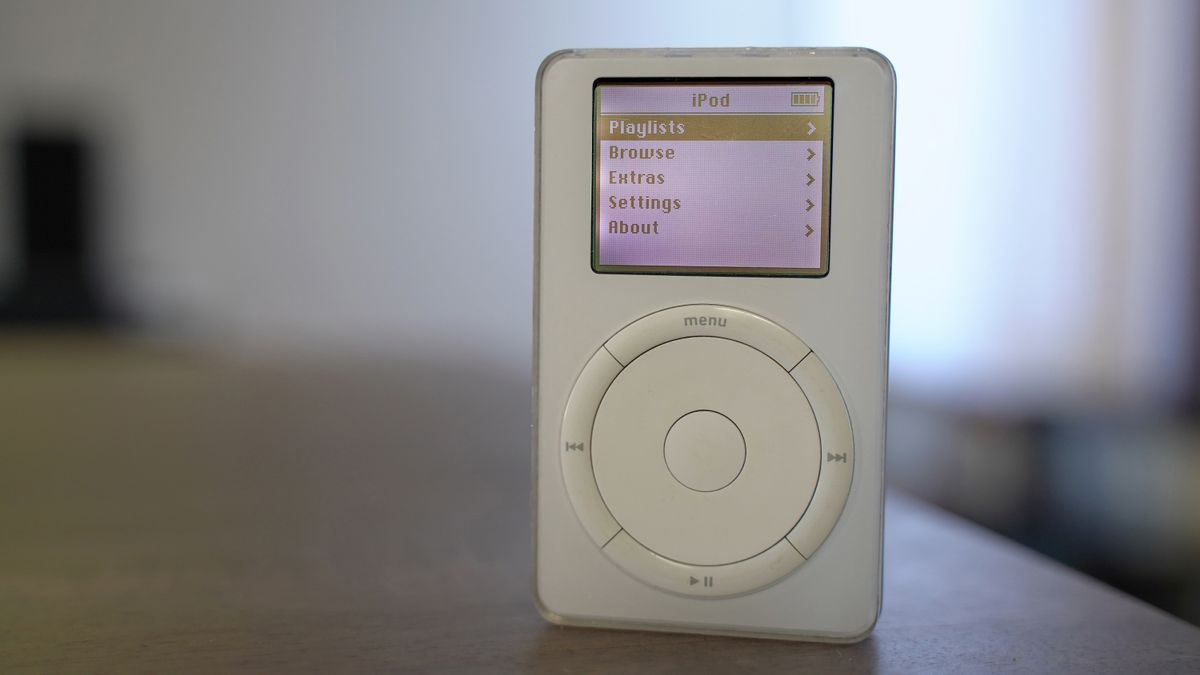 A first generation iPod sitting on a table