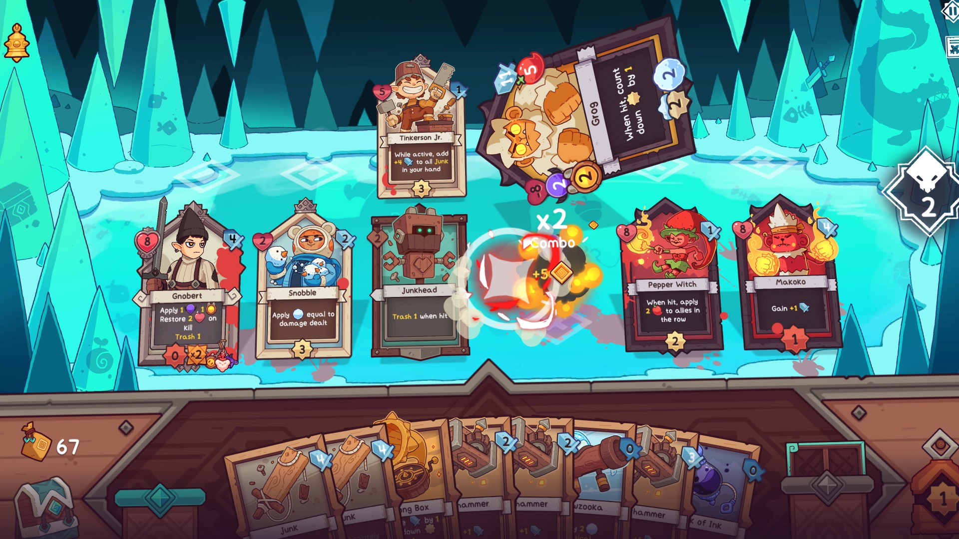 A battle against yetis and chilli pepper monsters in Wildfrost.