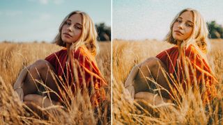 Girl in field portrait edited using indie film Lightroom preset