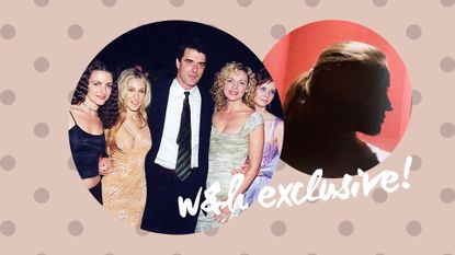 A putty pink polkadot background with two round photos overlaid on top. The left photo is a photo of Chris Noth and the female stars of SATC. The right photo is a profile photo of Heather Kristin, a SATC crew member. Text is overlaid saying "w&h exclusive"