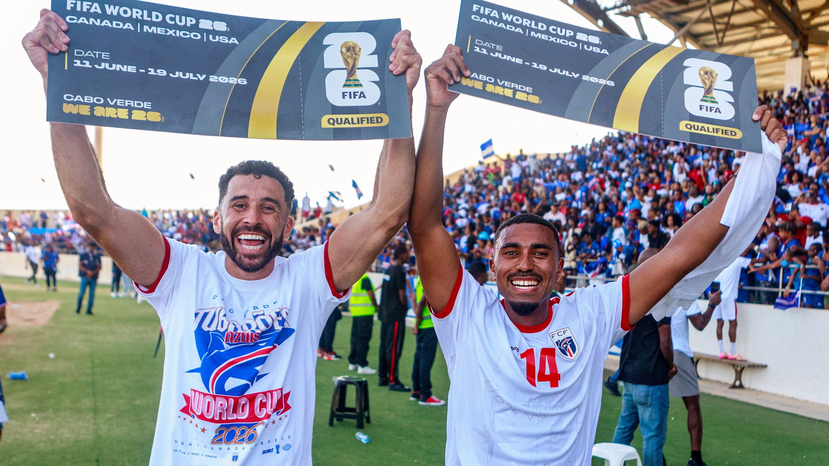 Roberto Lopes, left, and Deroy Duarte of Cape Verde celebrate their side's qualification for the 2026 FIFA World Cup (Photo By Cristiano Barbosa/Sportsfile via Getty Images)