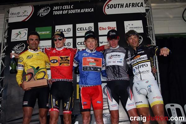 Stage 7 classification winners (l-r): Kristian House, overall winner; Daryl Impey, mountains winner; Christopher Jennings, best young rider; Johann Rabie, best Africa rider; Bernardo Riccio, stage winner.