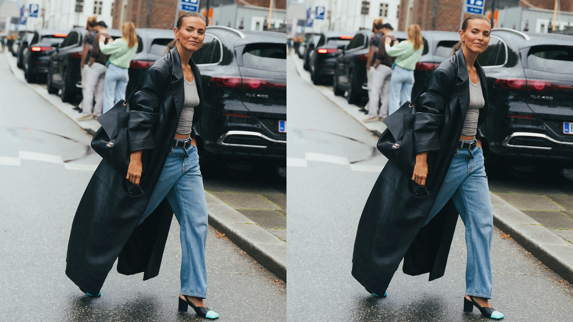 Woman wears black trench coat, black handbag, light wash jeans, gray tee, and heels with teal toe details.