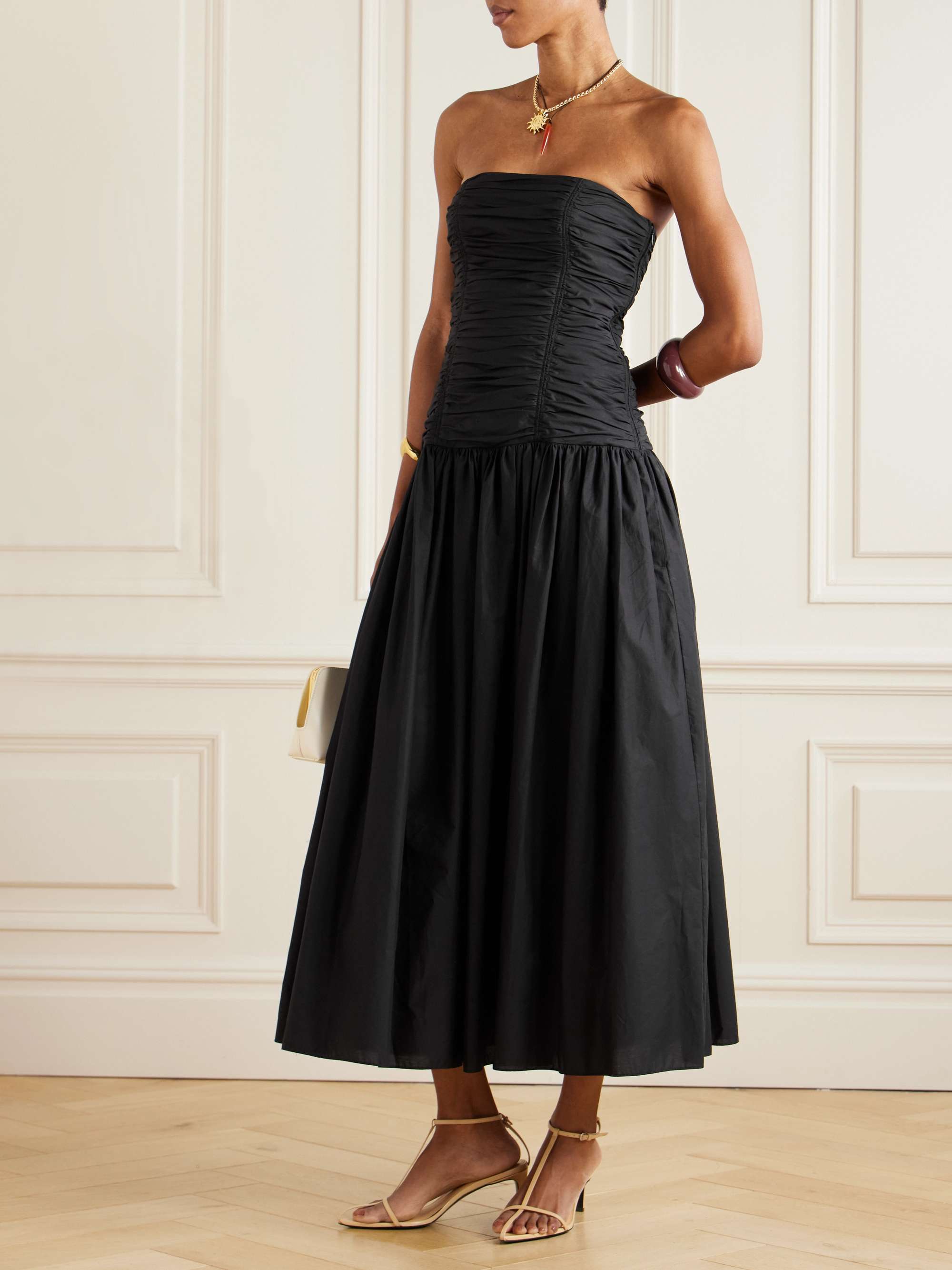 Strapless Ruched Organic Cotton-Poplin Midi Dress