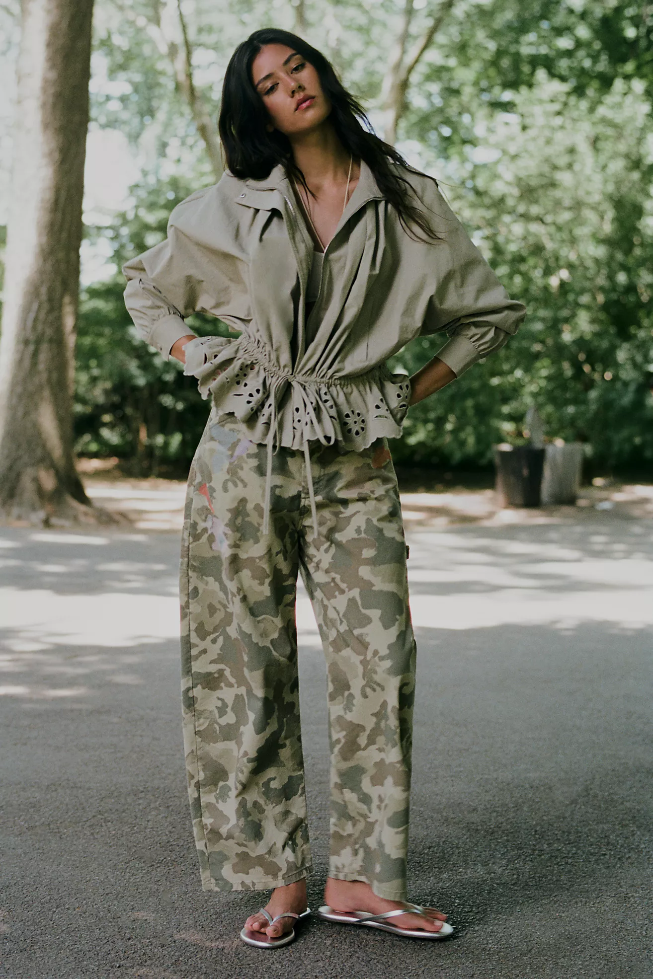 The Kayden High-Rise Camo Carpenter Barrel Trousers by Pilcro