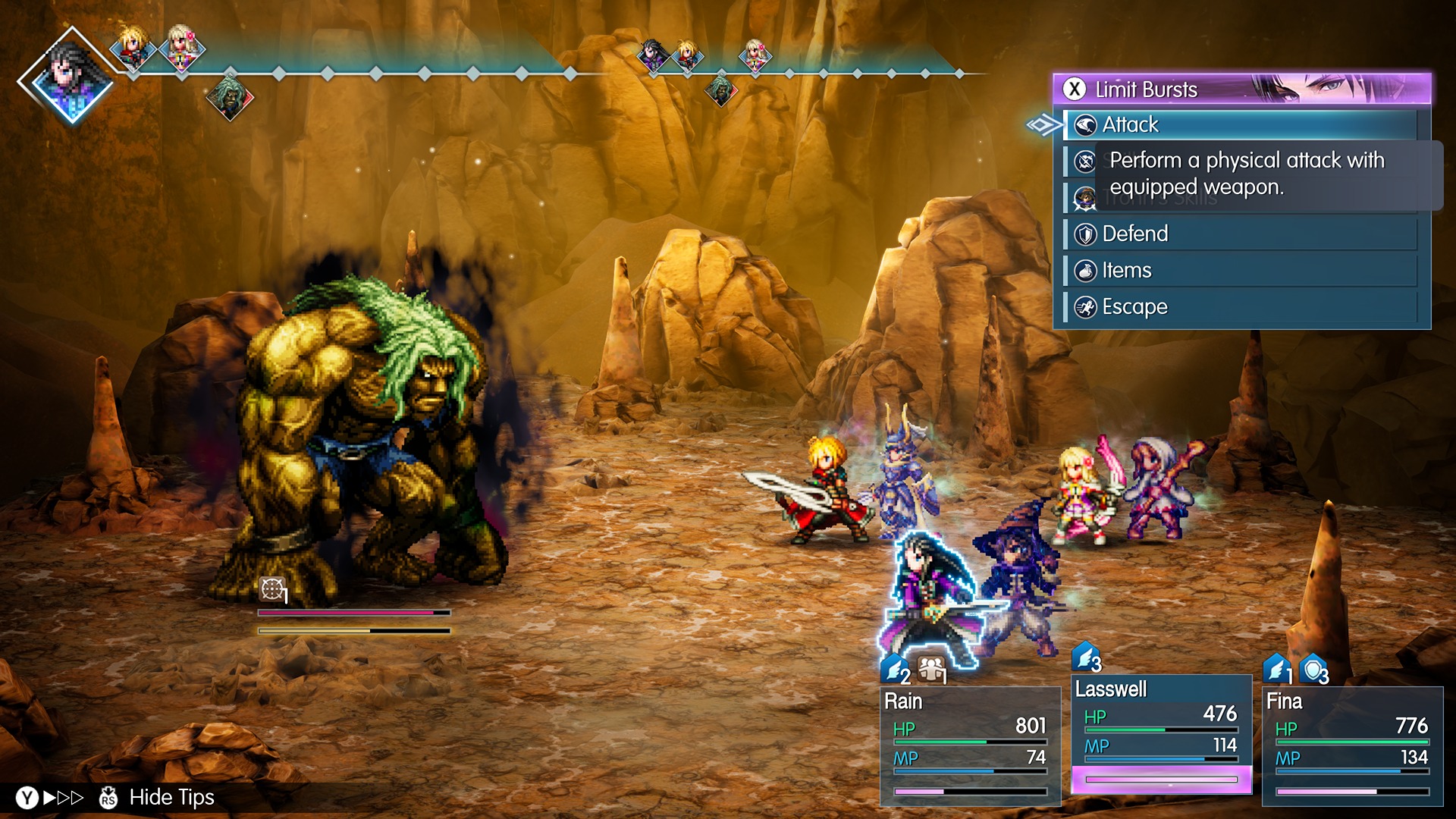 A turn-based RPG battle scene features a large, muscular, green-haired monster facing a party of five anime-style characters in a rocky desert area.