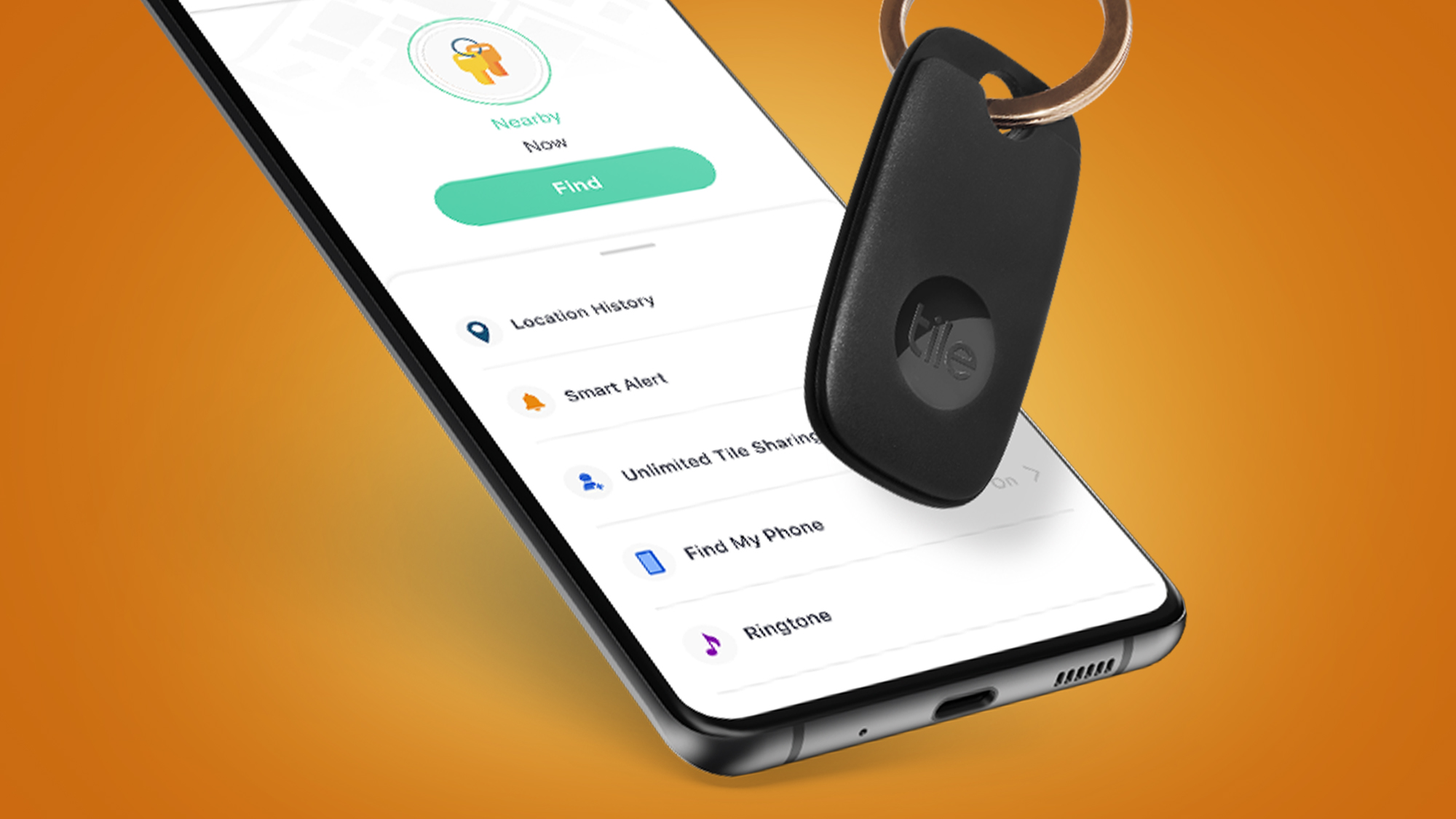 A phone and set of keys connected to a Tile Pro tracker on an orange background