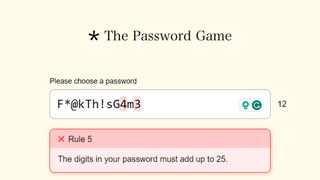 A screenshot of The Password Game and Rule 5 which reads: The digits in your password must add up to 25. 