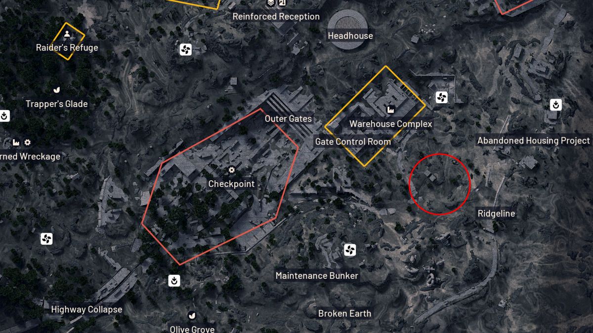 Arc Raiders Matriarch: A map of Blue Gate with a red oval highlighting area between Ridgeline and Warehouse Complex.