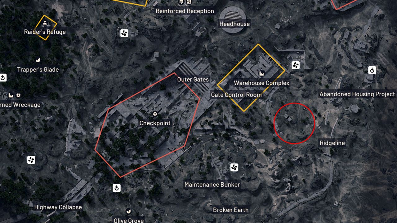 Arc Raiders Matriarch: A map of Blue Gate with a red oval highlighting area between Ridgeline and Warehouse Complex.