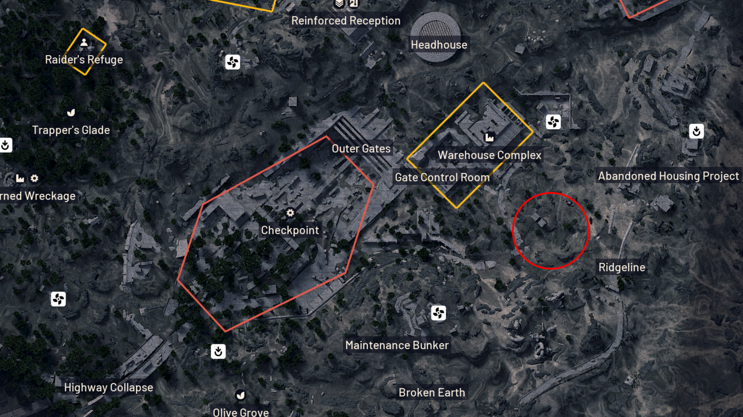 Arc Raiders Matriarch: A map of Blue Gate with a red oval highlighting area between Ridgeline and Warehouse Complex.