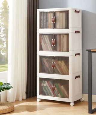 Stackable storage in clear with fluted acrylic see through doors