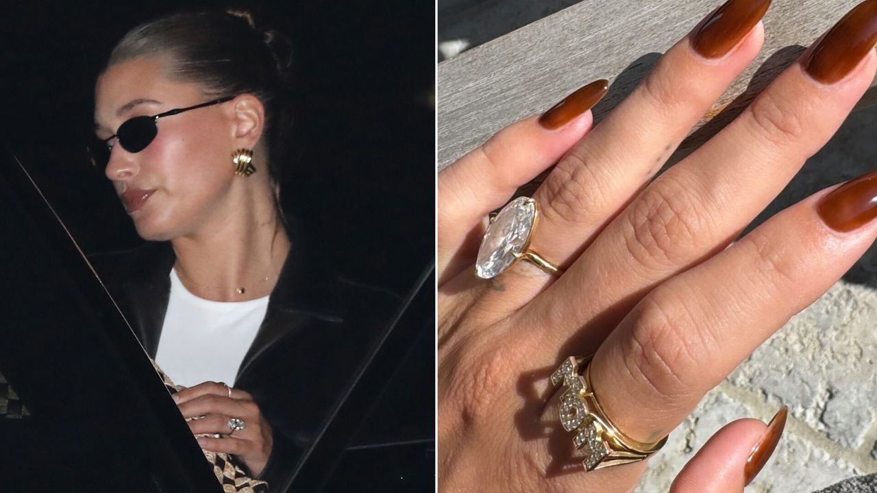 a collage of Hailey Bieber wearing an oval ring and a close up of her new diamond mom ring