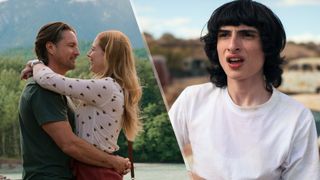(L) Alexandra Breckenridge as Melinda "Mel" Monroe and Martin Henderson as Jack Sheridan embrace in Virgin River, while (R) Finn Wolfhard as Mike Wheeler in Stranger Things is shocked and slightly disgusted