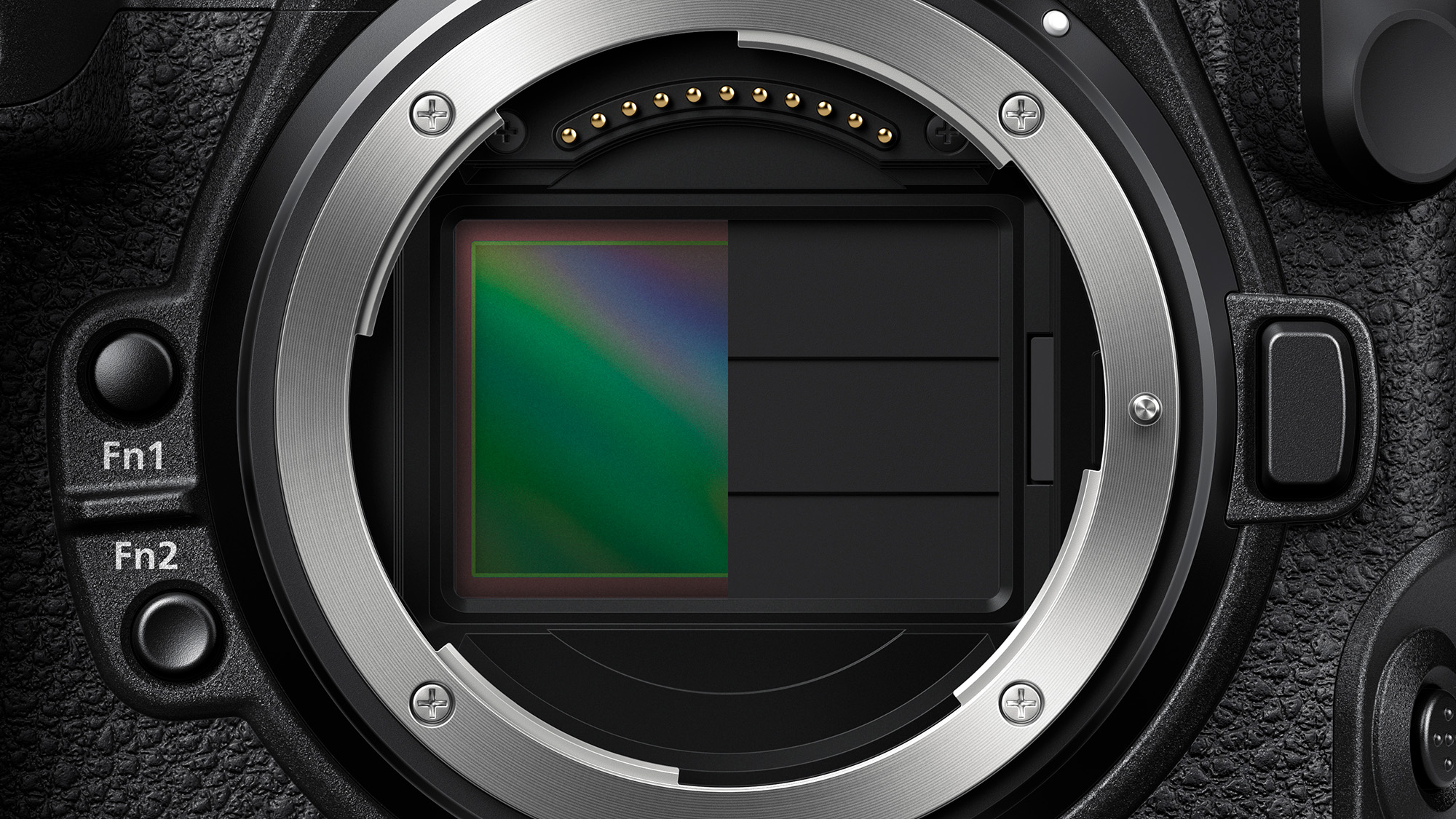 Close-up of Nikon Z8 sensor, with half the sensor exposed and half the sensor shield down 