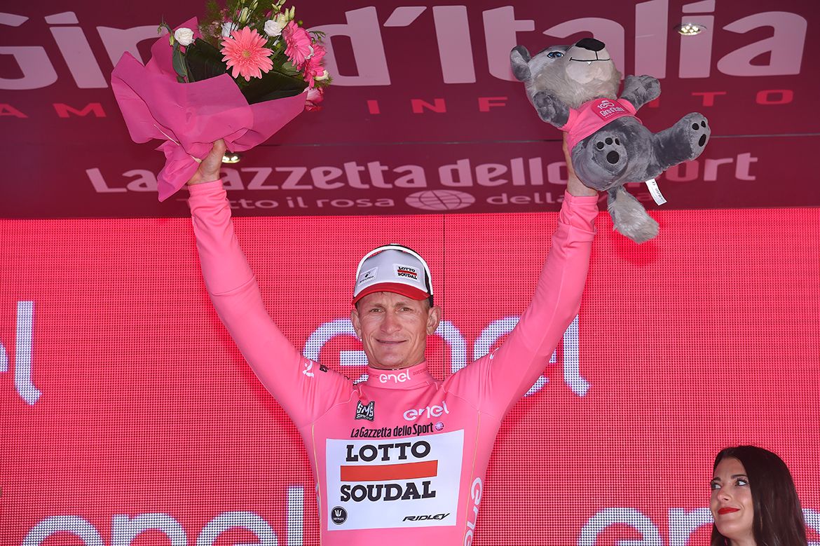 Andr&eacute; Greipel on the podium after stage 2 of the Giro d'Italia