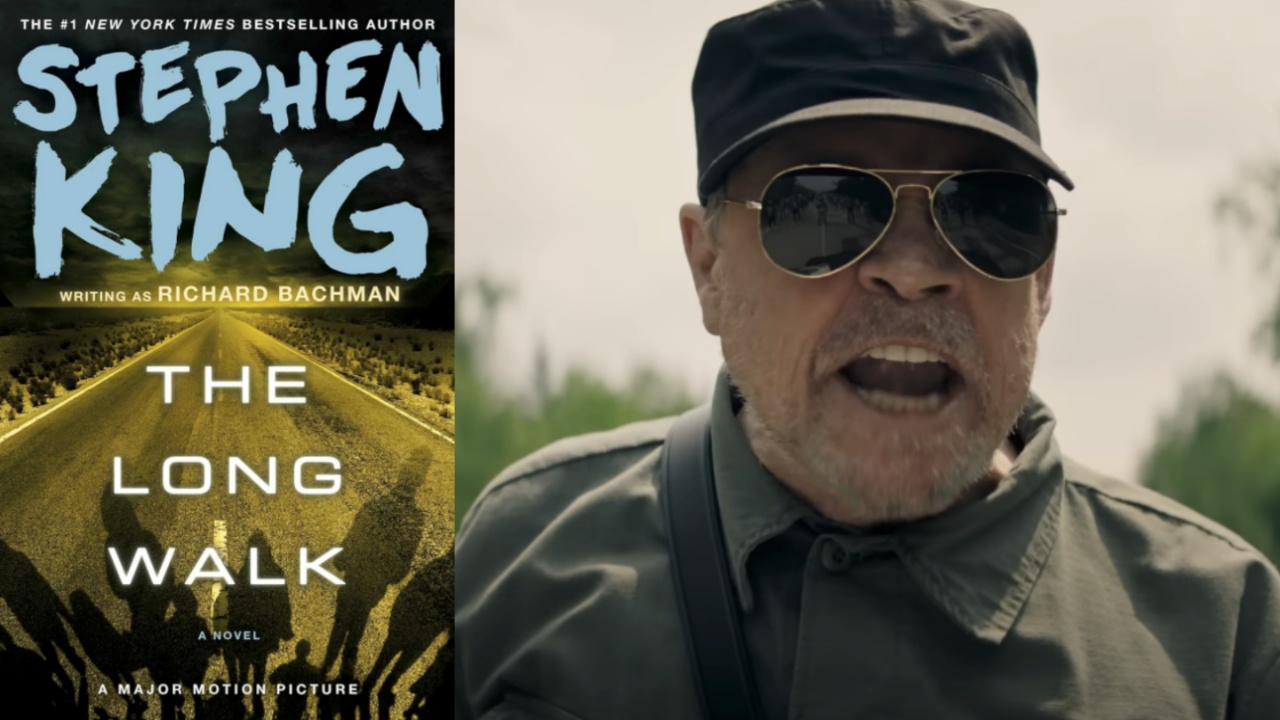The Long Walk novel cover and Mark Hamill yelling in The Long Walk 2025 movie