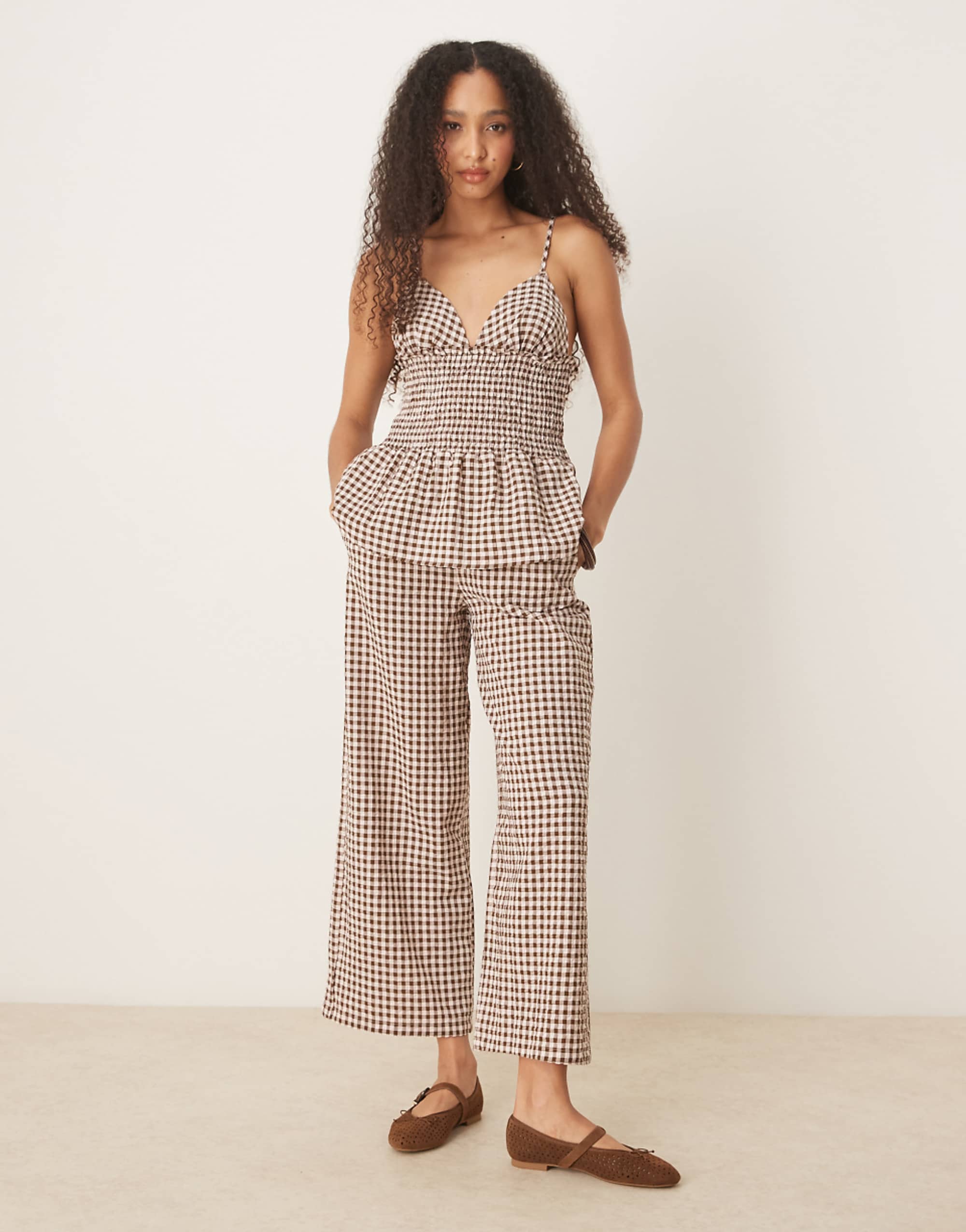 Asos Design Wide Leg Trouser in Brown Gingham