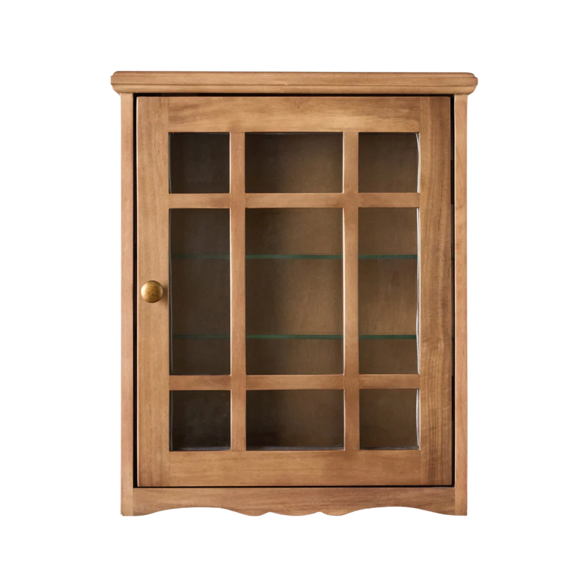 a wooden wall cabinet with a glass door