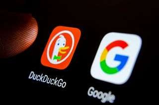 DuckDuckGo and Google thumbnails on a smartphone screen