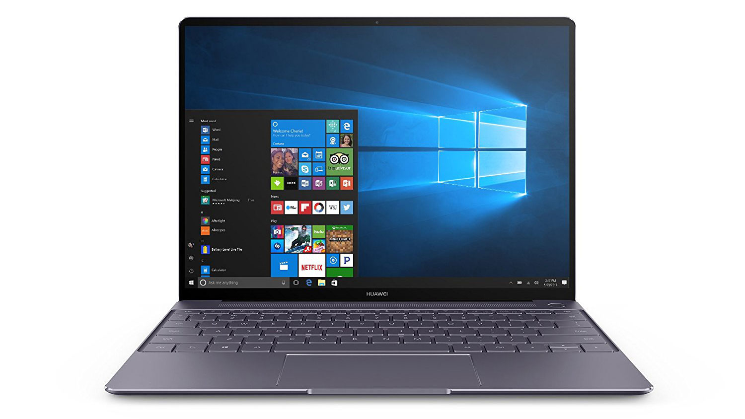 The Huawei MateBook 13 laptop with the screen open showing Windows 10 interface and the Start menu