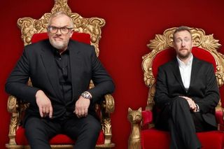 Taskmaster hosts Greg Davies and Alex Horne sitting on the iconic thrones