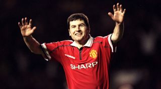 3 Jan 1999: Denis Irwin of Manchester United celebrates his goal against Middlesbrough in the FA Cup third round match at Old Trafford in Manchester, England. United won 3-1. \ Mandatory Credit: Shaun Botterill /Allsport