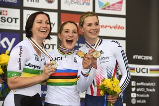 Becky James (right) on the keirin podium, Track World Championships 2016