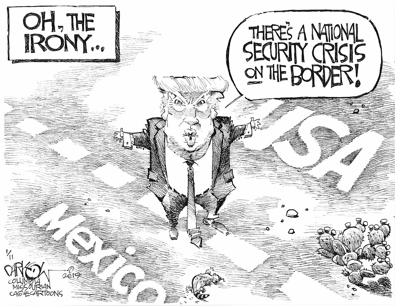 Political cartoon U.S. Trump national security wall border government shutdown