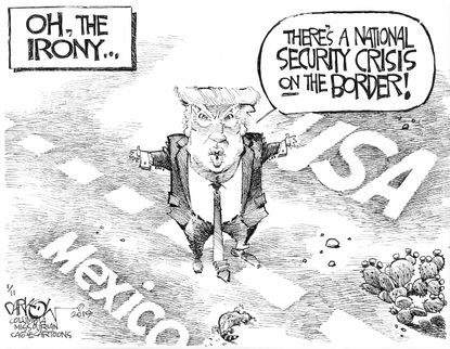 Political cartoon U.S. Trump national security wall border government shutdown