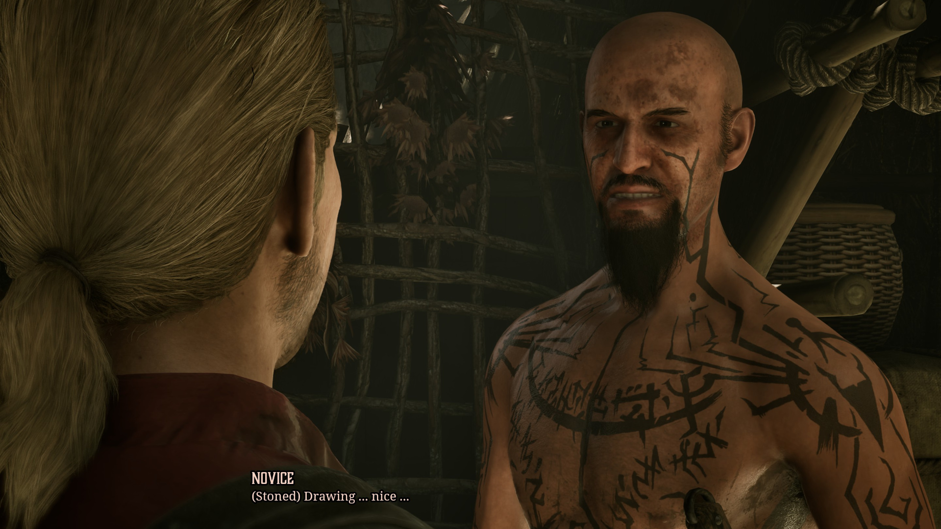 A stoned novice in the Swamp Camp in Gothic 1 Remake is blissed out